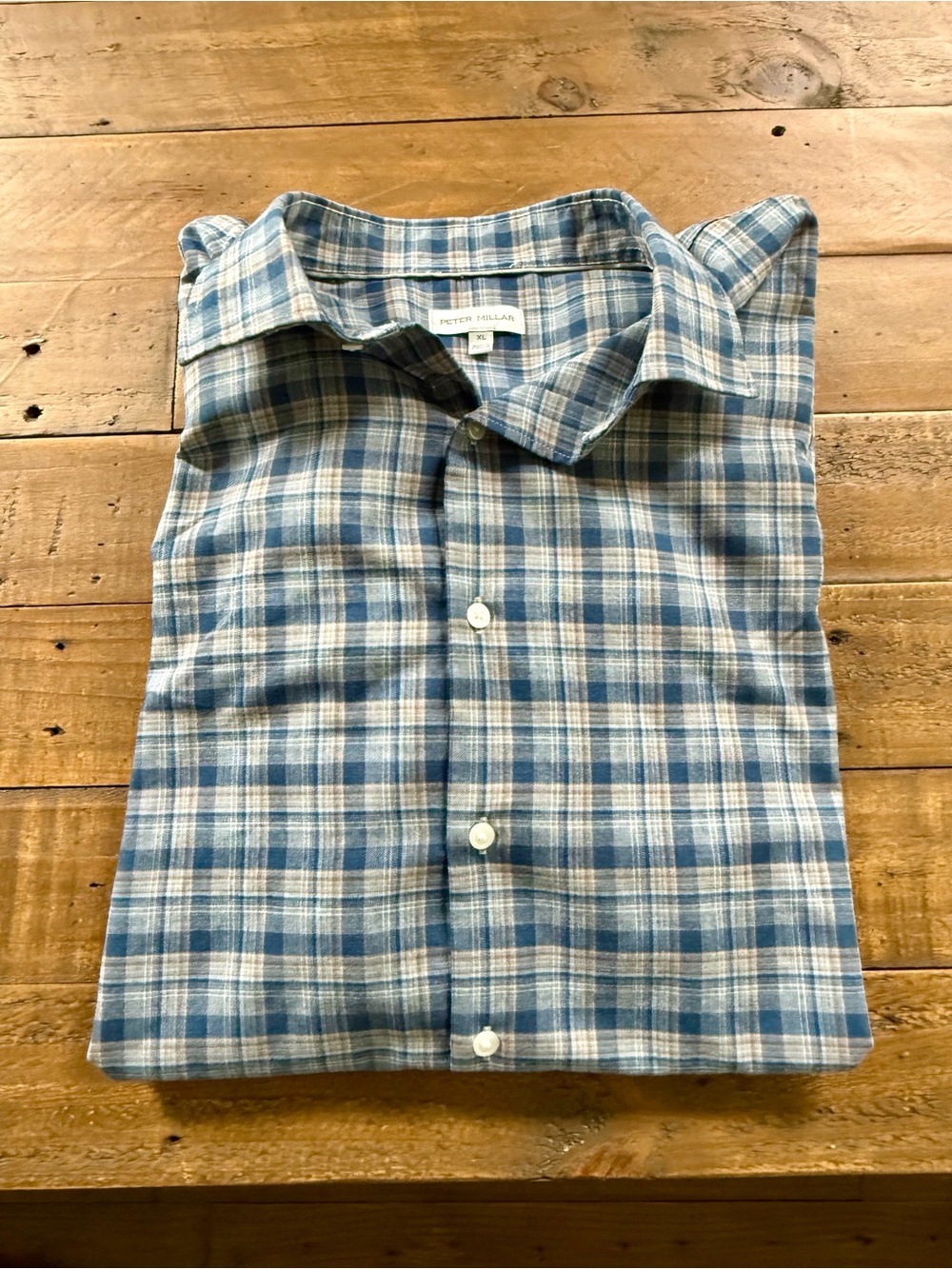men’s peter millar button down blue and brown long sleeve shirt, XL